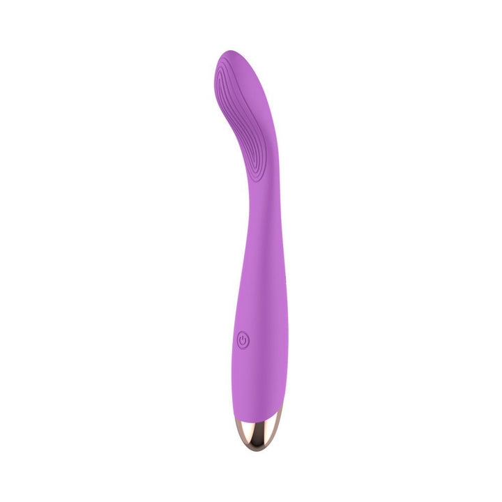 Purple curved G-spot vibrator with textured head, silicone body, and metallic base with power button.