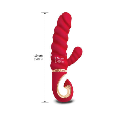 Red Gvibe Gcandy MINI vibrator with dual motors, textured shaft, curved handle, and measurements shown.