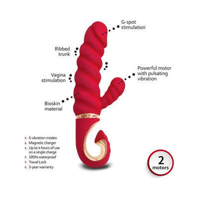 Red Gvibe Gcandy MINI dual motor vibrator with ribbed trunk, clitoral nub, and ergonomic handle, featuring 6 vibration modes and waterproof design.