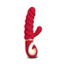 Red Gvibe Gcandy MINI dual motor vibrator with textured shaft and ergonomic gold-accented handle.