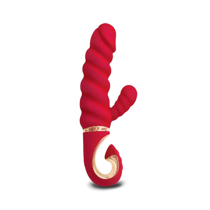 Red Gvibe Gcandy MINI dual-motor vibrator with textured shaft and curved handle with gold accents.