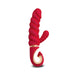 Red Gvibe Gcandy MINI dual-motor vibrator with textured shaft and curved handle with gold accents.