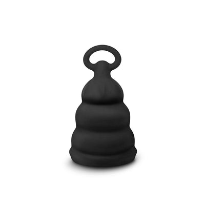 Black Gvibe Gcup menstrual cup with a bell shape and pull tab for easy removal, made of smooth silicone.