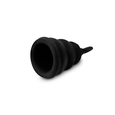 Black bell-shaped menstrual cup with pull tab, made of smooth silicone for comfortable, eco-friendly period care.