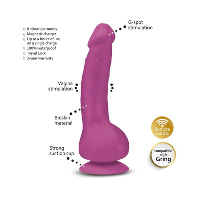 Fuchsia Gvibe Greal MINI vibrator with suction cup, Bioskin material, 6 vibration modes, remote control compatible with Gring.