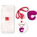 Gvibe Gring XL in sweet raspberry with USB charging cable, user guide, and white storage pouch on white background.