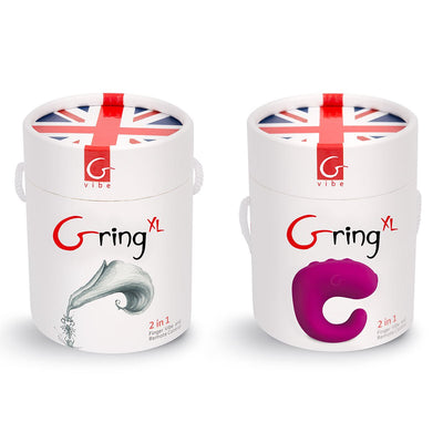 Gvibe Gring XL packaging showing white cylindrical boxes with Union Jack lids and product images on front.