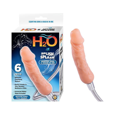 Beige 6-inch realistic dildo douche with flexible metal hose and packaging showing product features and branding.