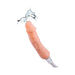 Beige 6-inch realistic dildo douche nozzle with water splash effect on a flexible metal hose attachment.
