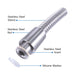 Close-up of stainless steel shower hose connector with labeled parts including sleeve, nut, insert, and silicone washer.