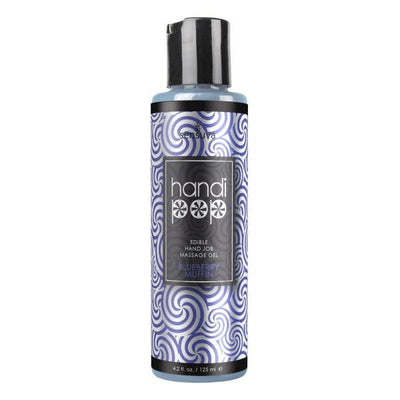 Bottle of Handipop edible handjob massage gel in blueberry muffin flavor with blue and white swirl design label.