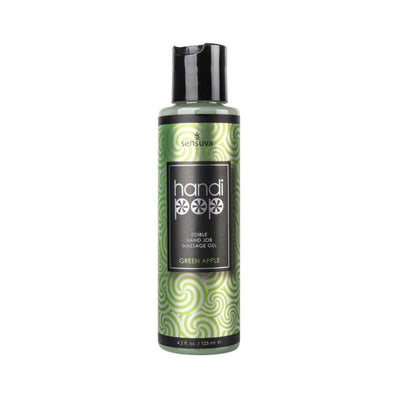 Bottle of Handipop edible handjob massage gel in green apple flavor with green swirl design and black flip cap.