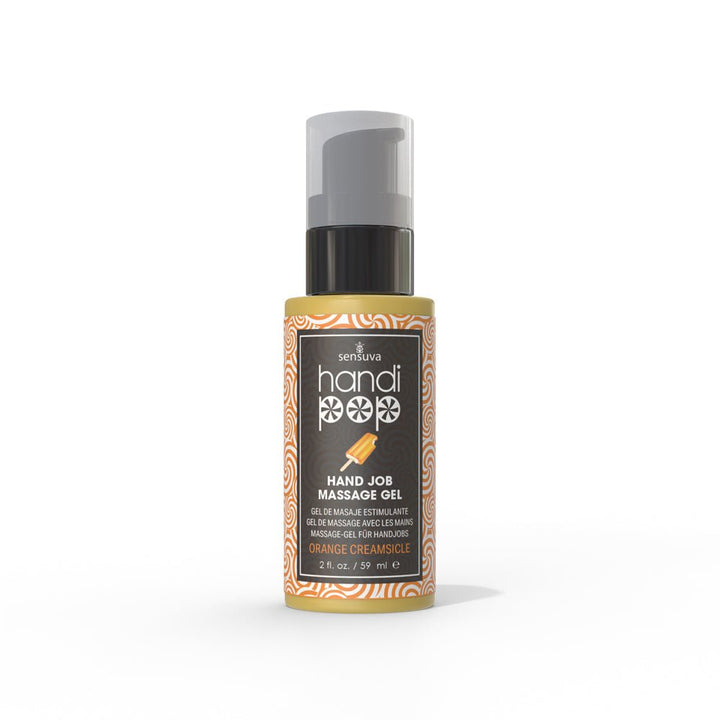 Handipop Hand Job Massage Gel 2oz bottle with orange creamsicle flavor and pump dispenser on white background