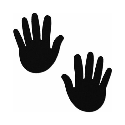 Pair of black adhesive pasties shaped like open hands on a white background.