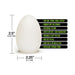 Semi-translucent white egg-shaped soft stroker with size dimensions and key product features listed.