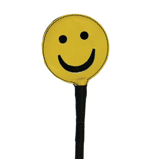 Yellow smiley face crop with black handle designed for playful fun and lighthearted moments.