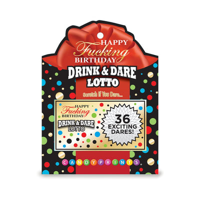 Happy Fucking Birthday Drink & Dare Lotto game packaging with colorful polka dots and 36 exciting dares.