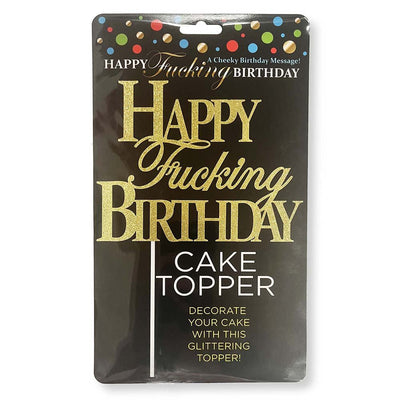 Gold glitter Happy Fucking Birthday cake topper on black packaging with colorful confetti design at the top.