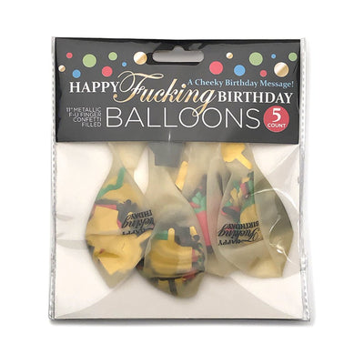 Package of five 11-inch metallic confetti-filled birthday balloons with cheeky message and colorful confetti inside.