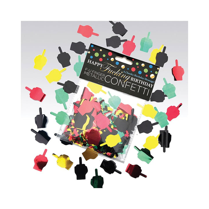 Colorful metallic finger-shaped confetti in red, yellow, green, black, and gold with birthday-themed packaging.