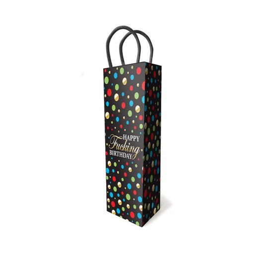 Tall black birthday gift bag with colorful polka dots and gold script text, featuring sturdy black woven handles.