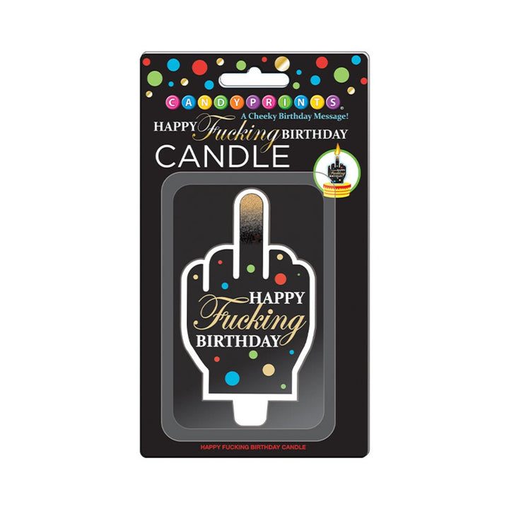 Black birthday candle shaped like a hand with middle finger raised, decorated with colorful dots and "Happy Fucking Birthday" text.