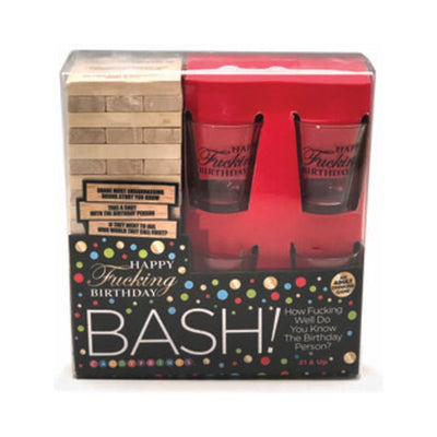 Happy Fucking Birthday Bash party game set with wooden blocks and four shot glasses in festive packaging.