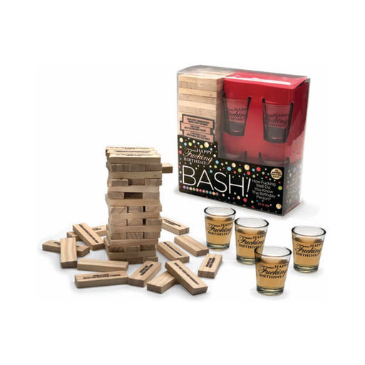 Happy Fucking Birthday Bash wooden block stacking game with four shot glasses and festive packaging.