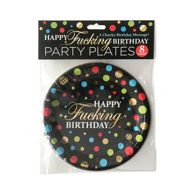 Pack of 8 black birthday party plates with colorful polka dots and gold foil "Happy Fucking Birthday" text.