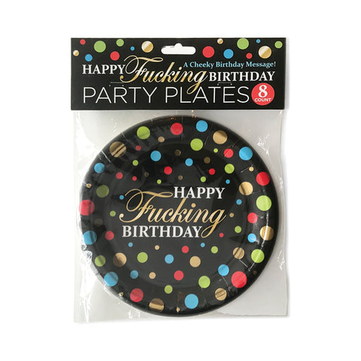 Pack of 8 black birthday party plates with colorful polka dots and gold foil "Happy Fucking Birthday" text.