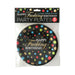 Pack of 8 black birthday party plates with colorful polka dots and gold foil "Happy Fucking Birthday" text.