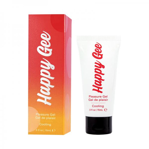 Happy Gee Cooling Pleasure Gel in white tube with black cap next to red and orange gradient box.