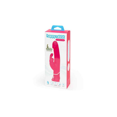 Packaging of Happy Rabbit Dual Density Pink vibrator showing product image and key features on a white and pink box.