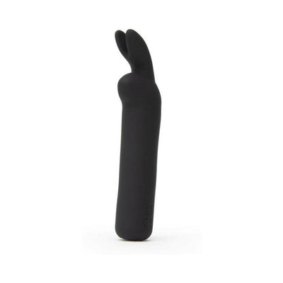 Black silicone rechargeable bullet vibrator with flexible bunny ears for targeted stimulation.