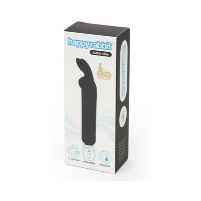 Packaging box of Happy Rabbit Rechargeable Bullet Vibrator in black with product features icons visible.