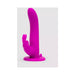 Purple silicone vibrating strap-on insert with curved shaft and external stimulator on a flat base.
