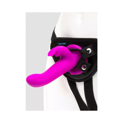 Purple Happy Rabbit vibrating strap-on harness with adjustable black straps displayed on a mannequin.