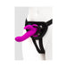 Purple Happy Rabbit vibrating strap-on dildo attached to adjustable black harness on mannequin.