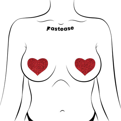 Illustration of a torso wearing red glitter heart-shaped pasties covering the nipples.