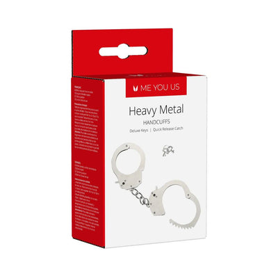 Packaging box of Heavy Metal Handcuffs by Me You Us with silver cuffs and two deluxe keys shown on front.