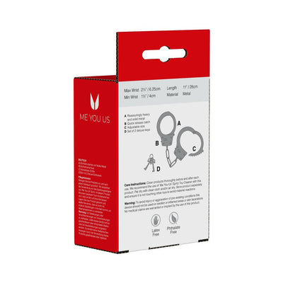 Packaging box for Heavy Metal Handcuffs by Me You Us showing product features, care instructions, and safety icons.