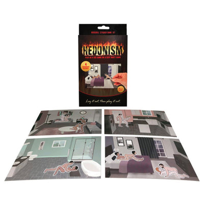 Hedonism Game Set with four illustrated room cards and reusable stickers depicting playful adult scenarios.