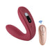 Wine red Hercules C-shape vibrating plug with touch controls and matching rose gold remote control.