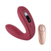 Wine red Hercules C-shape vibrating plug with touch controls and matching rose gold remote control on white background.