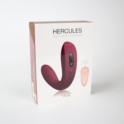 Packaging box of Hercules Remote C-shape Vibrating Plug in wine red with remote control illustration on white background.