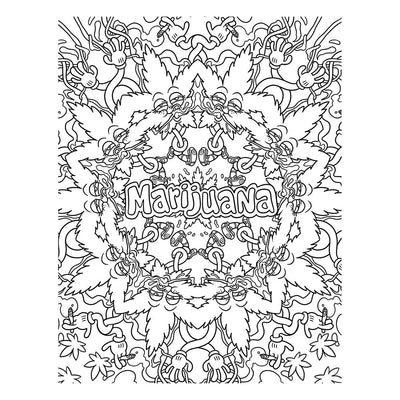 Intricate black and white marijuana-themed coloring page with stylized leaves, hands, and the word Marijuana in the center.