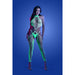 Model wearing neon green high neck fishnet bodystocking with O-ring details and matching G-string under blue lighting background.