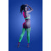 Model wearing neon green UV reactive high neck bodystocking and matching G-string against blue background