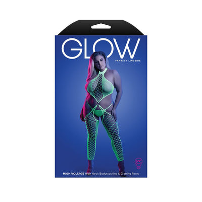 Packaging image of a neon green UV reactive high neck fishnet bodystocking with matching G-string on a plus-size model against a blue background.