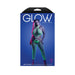 Packaging image of a neon green UV reactive high neck fishnet bodystocking with matching G-string on a plus-size model against a blue background.